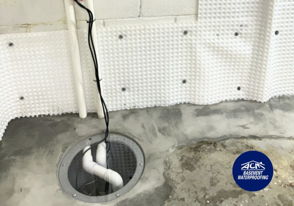Installed sump pump as part of basement waterproofing system in Long Island